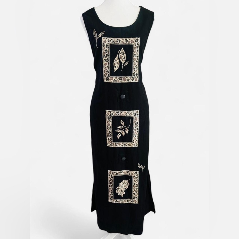 Vintage Erika Collection Black Linen Blend Maxi Dress w/ Slits